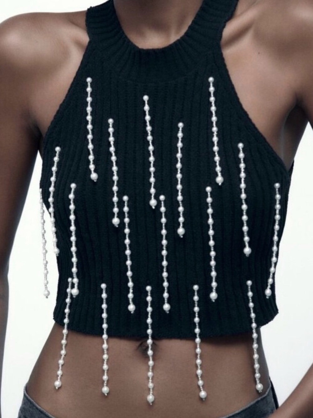 Zara Black Ribbed Halter Crop Top with Pearl Droplet Strands